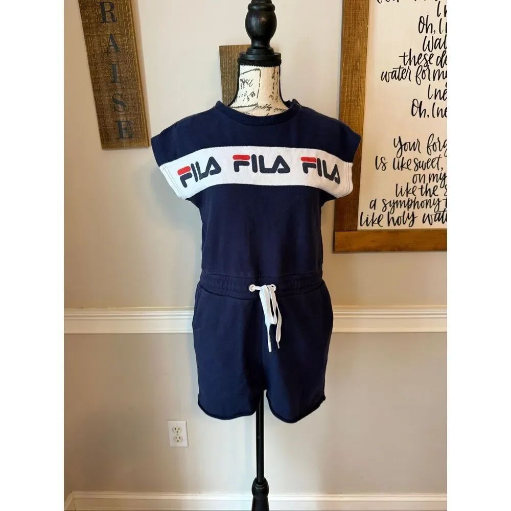 Fila Women's Logo Buttoned Shoulder Drawstring Costanza Romper Navy Small